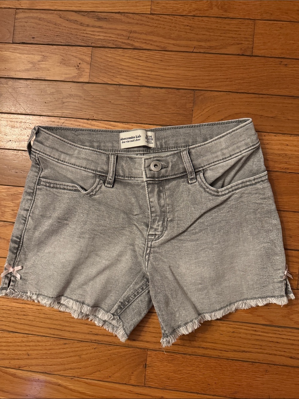 abercrombie kids Light Gray Frayed Hem Denim Shorts with Side Bows
